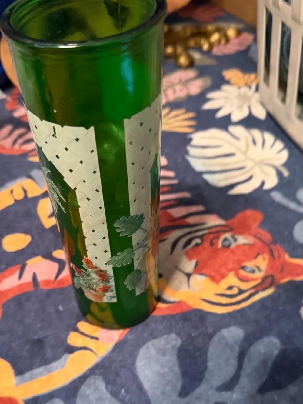 Vintage Green Glass Floral Vase / Hurricane Candle Holder – Hand Painted Botanic